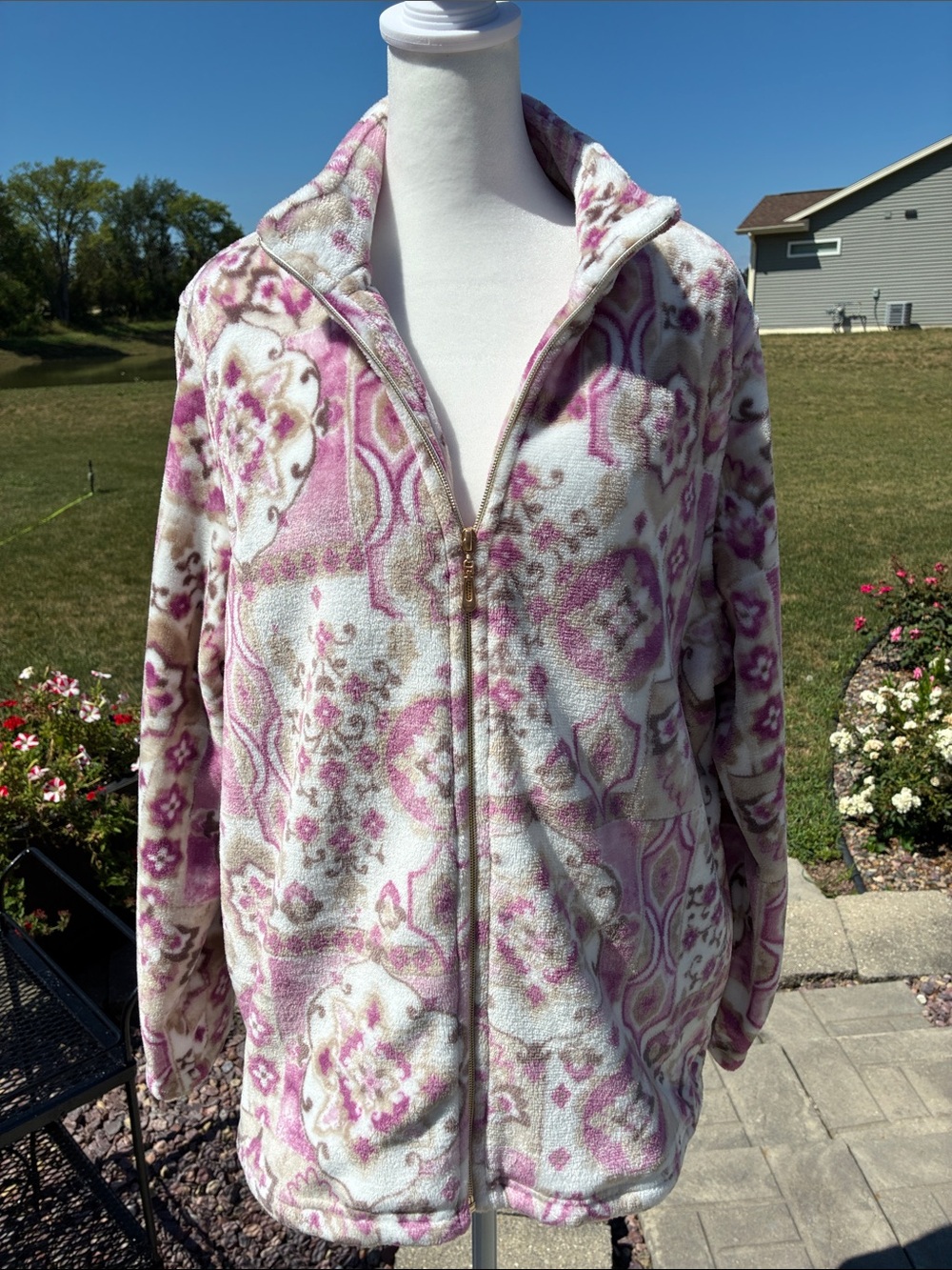 Alfred Dunner Cozy Zip-Up Fleece Jacket in Pink and Cream L